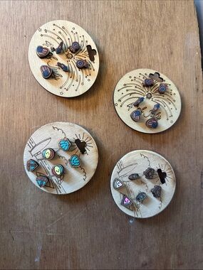 NWT Handmade Wooden Stud Earring Multi-Pack Bundle - 12 Pairs (4 Theme Cards)